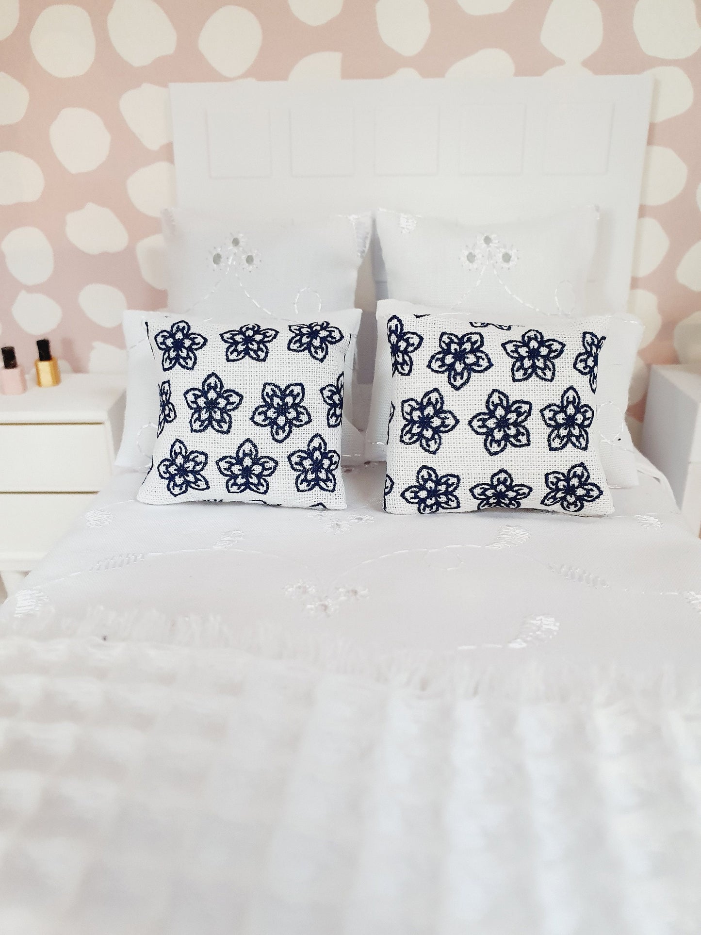 Dolls house Pair White & Black Flower Cushions | 12th scale cushions, miniature cushions