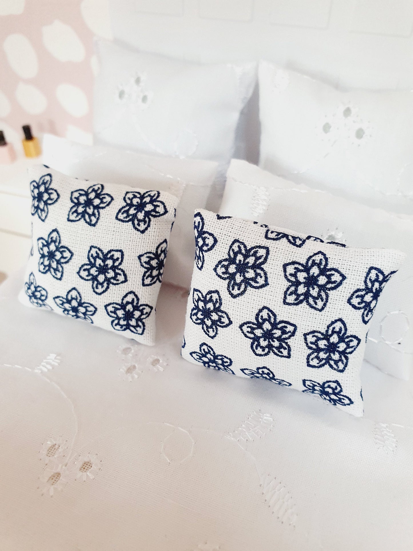 Dolls house Pair White & Black Flower Cushions | 12th scale cushions, miniature cushions
