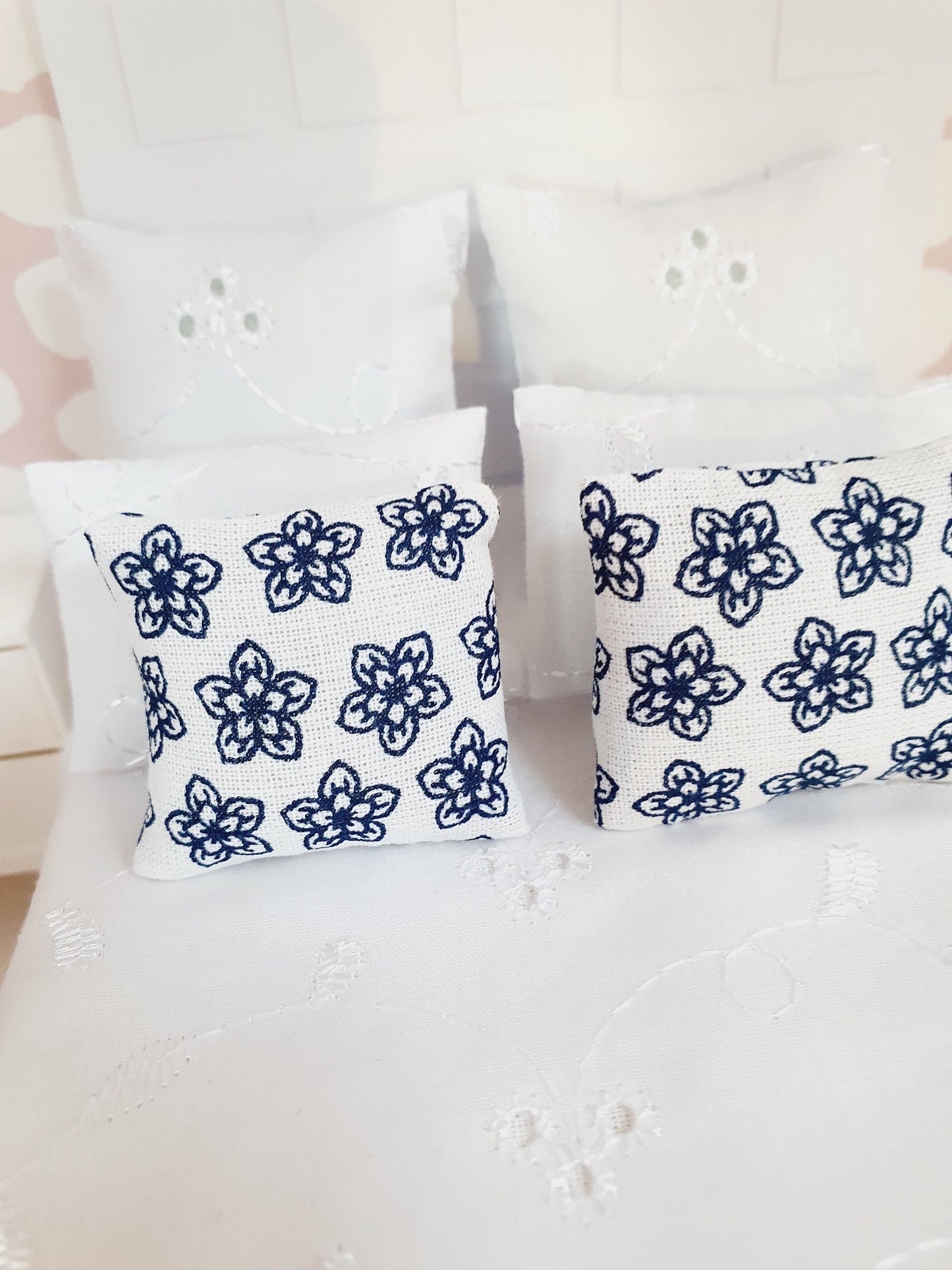 Dolls house Pair White & Black Flower Cushions | 12th scale cushions, miniature cushions