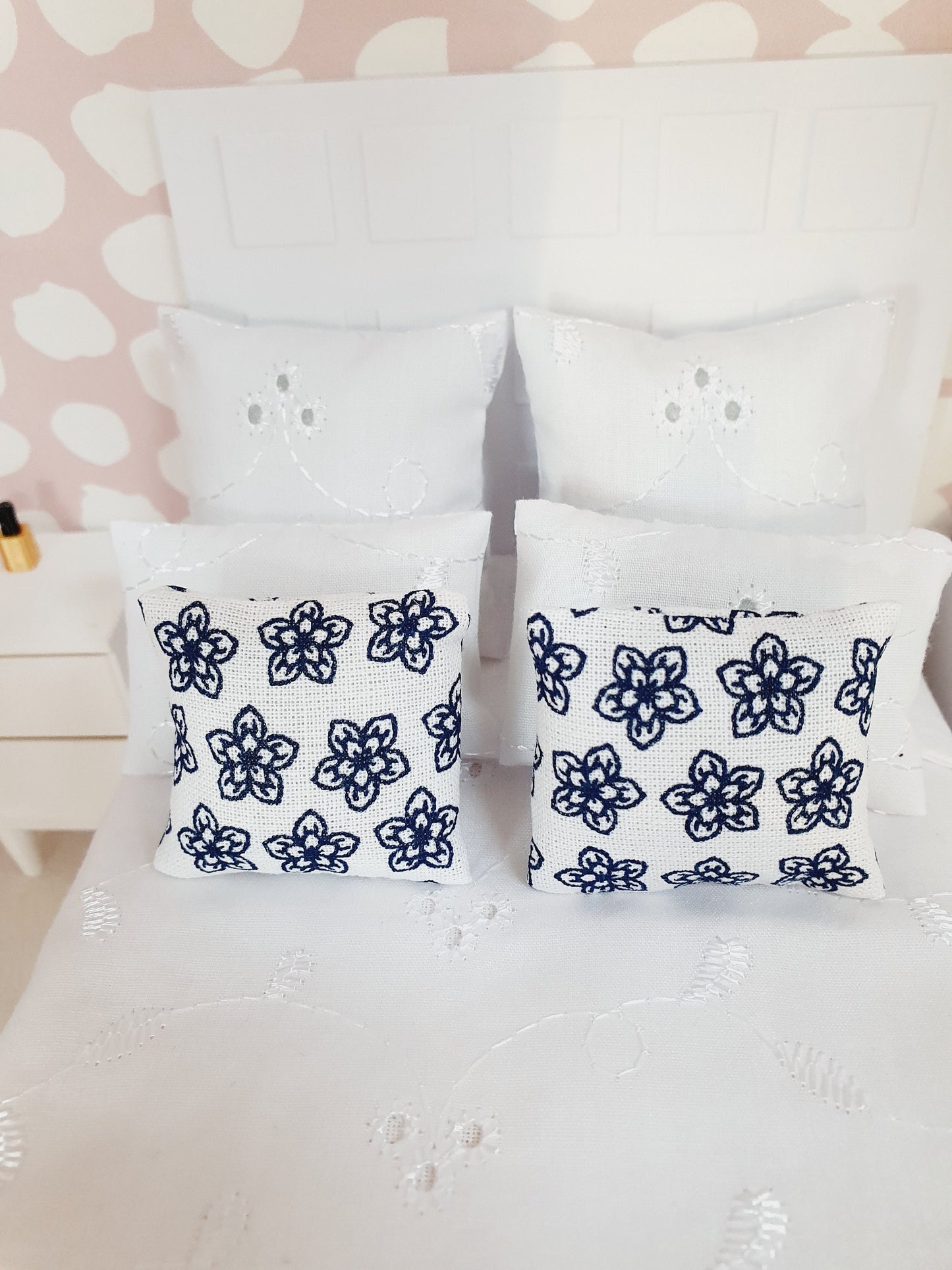 Dolls house Pair White & Black Flower Cushions | 12th scale cushions, miniature cushions