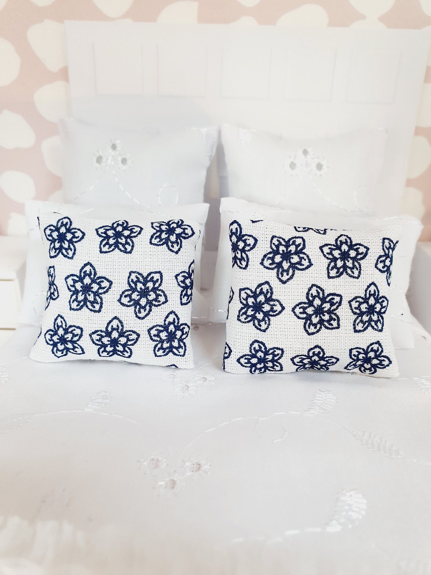 Dolls house Pair White & Black Flower Cushions | 12th scale cushions, miniature cushions