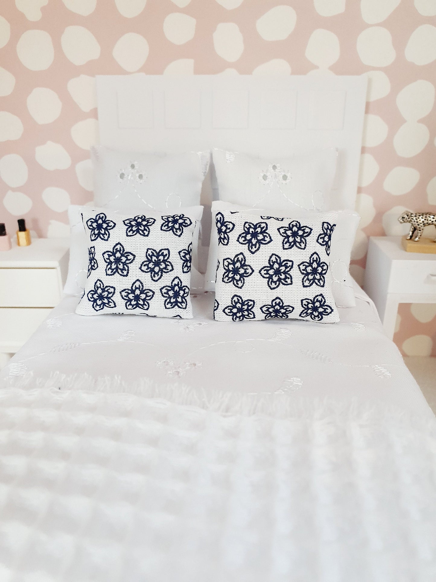 Dolls house Pair White & Black Flower Cushions | 12th scale cushions, miniature cushions