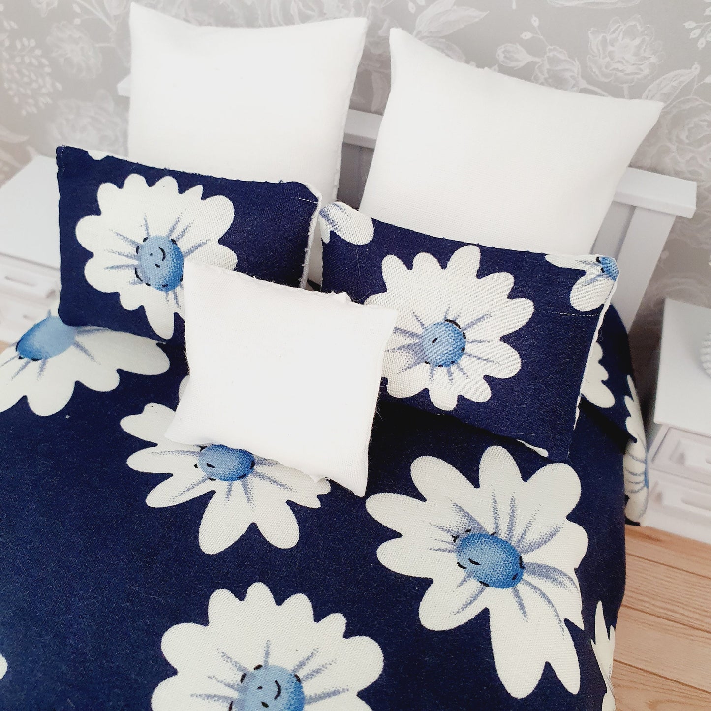 Dolls house Navy Floral 6 piece set, Double bedding, pretty large white flowers, 12th scale bedding, miniature bed set