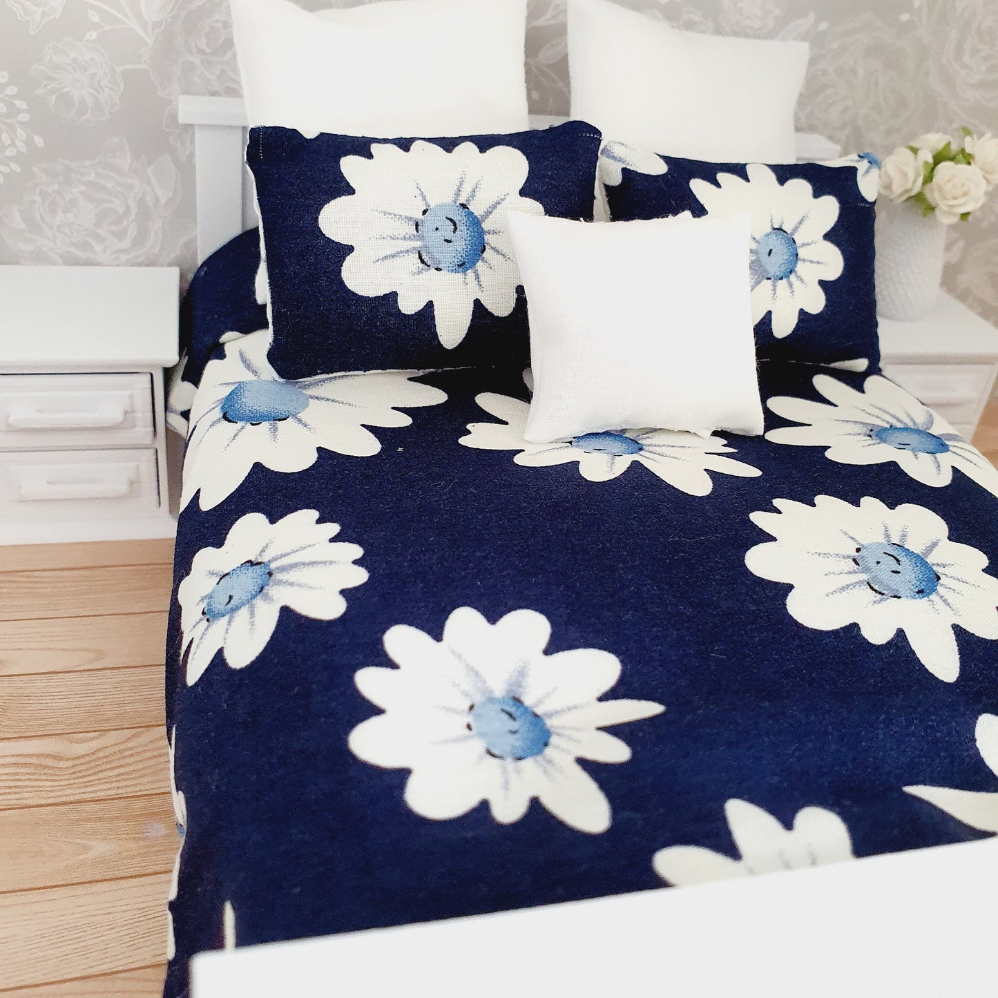Dolls house Navy Floral 6 piece set, Double bedding, pretty large white flowers, 12th scale bedding, miniature bed set