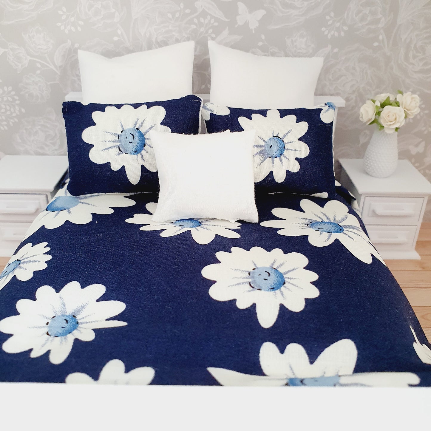 Dolls house Navy Floral 6 piece set, Double bedding, pretty large white flowers, 12th scale bedding, miniature bed set