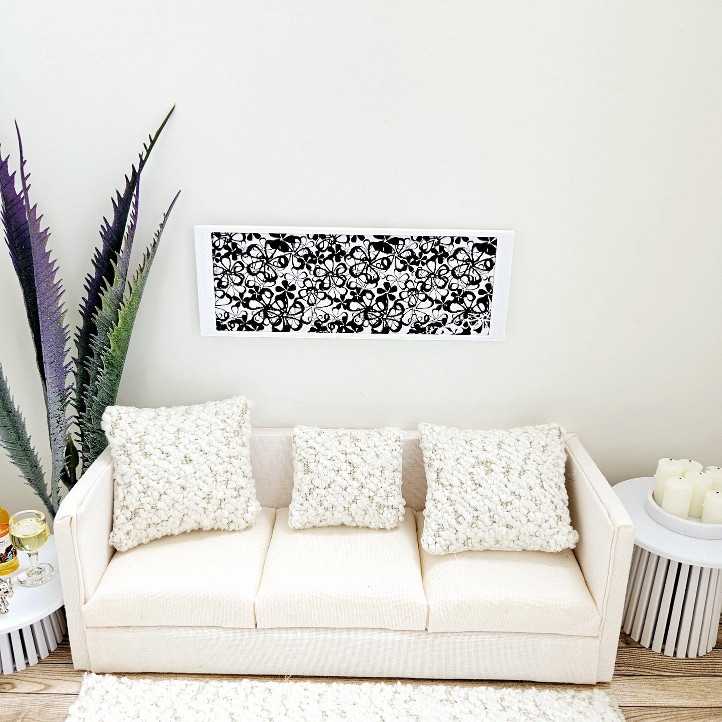 Dolls House Modern Framed Wall Art, Black Flower picture, 12th scale, miniature wall picture for any room