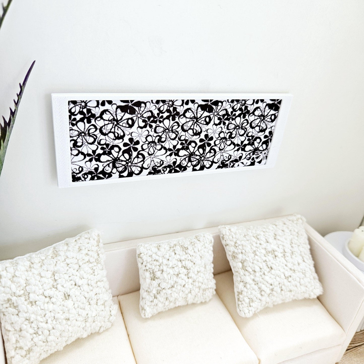 Dolls House Modern Framed Wall Art, Black Flower picture, 12th scale, miniature wall picture for any room