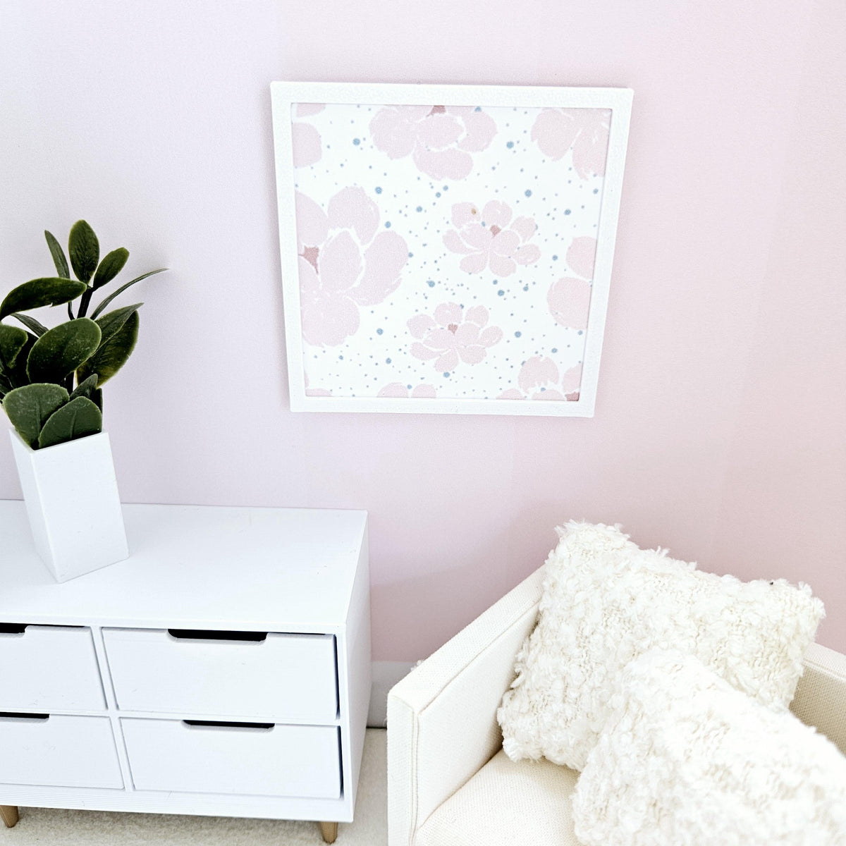 Dolls House Modern Framed Wall Art, Pink Flower picture, 12th scale, miniature wall picture for any room