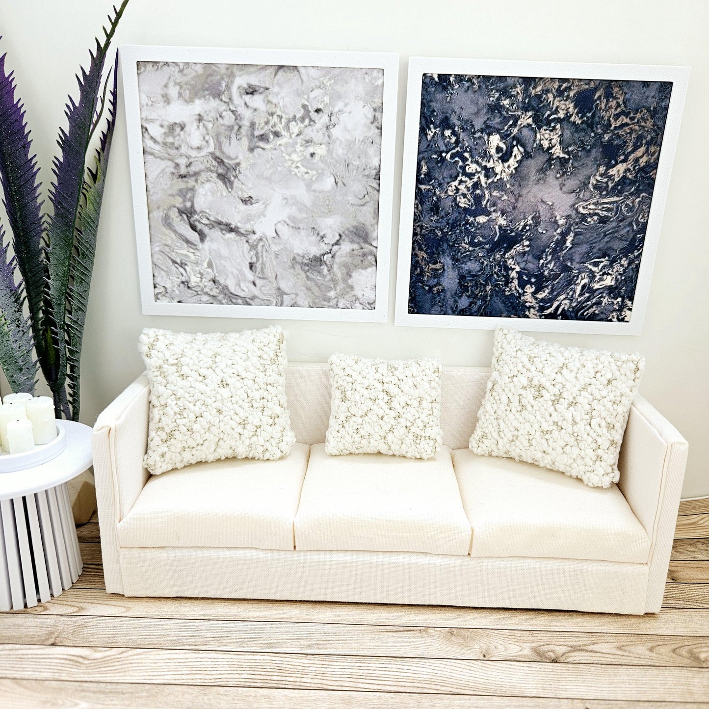 Dolls House Modern Framed Wall Art, Set of 2, Large Abstract art pictures, 12th scale, miniature wall picture for any room