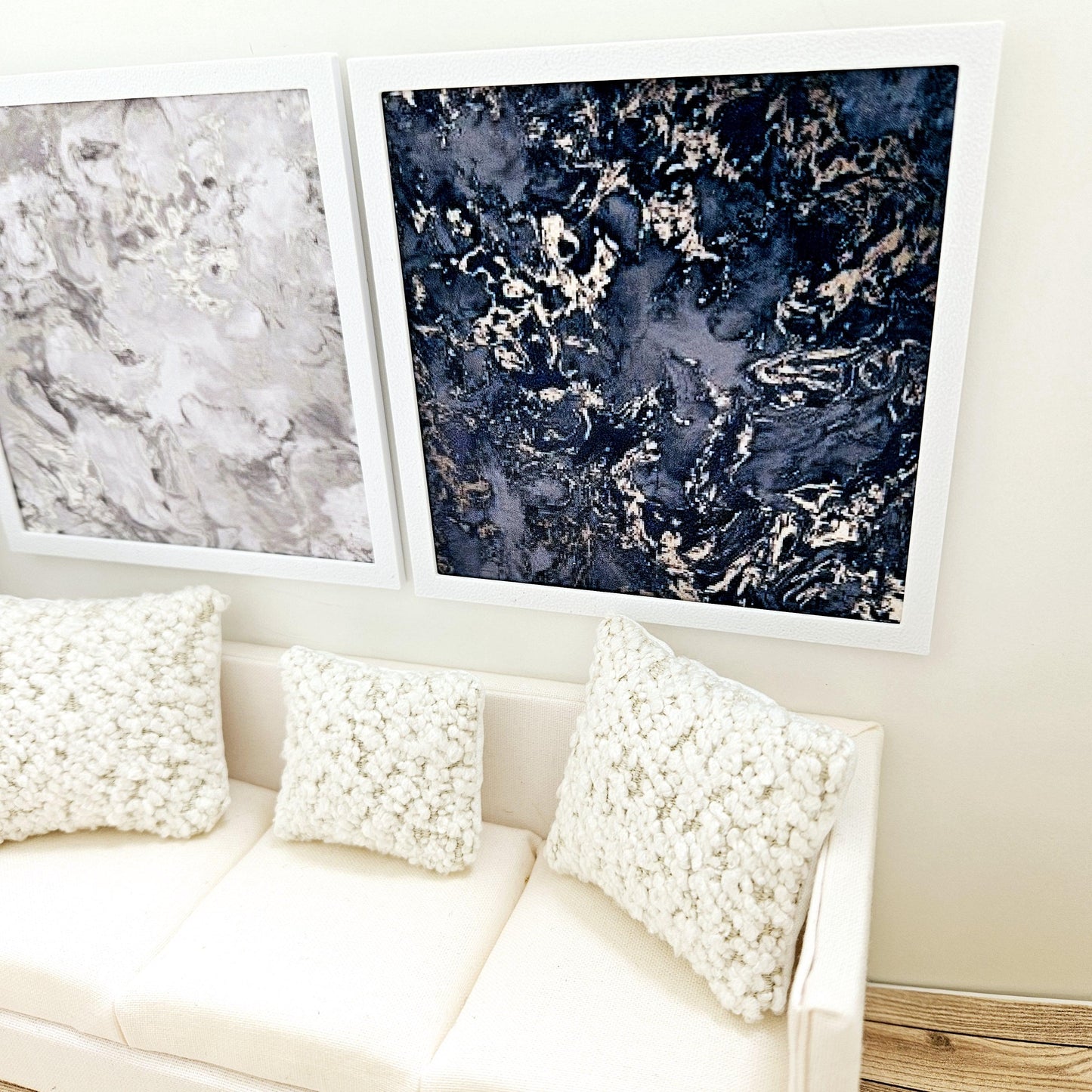 Dolls House Modern Framed Wall Art, Set of 2, Large Abstract art pictures, 12th scale, miniature wall picture for any room