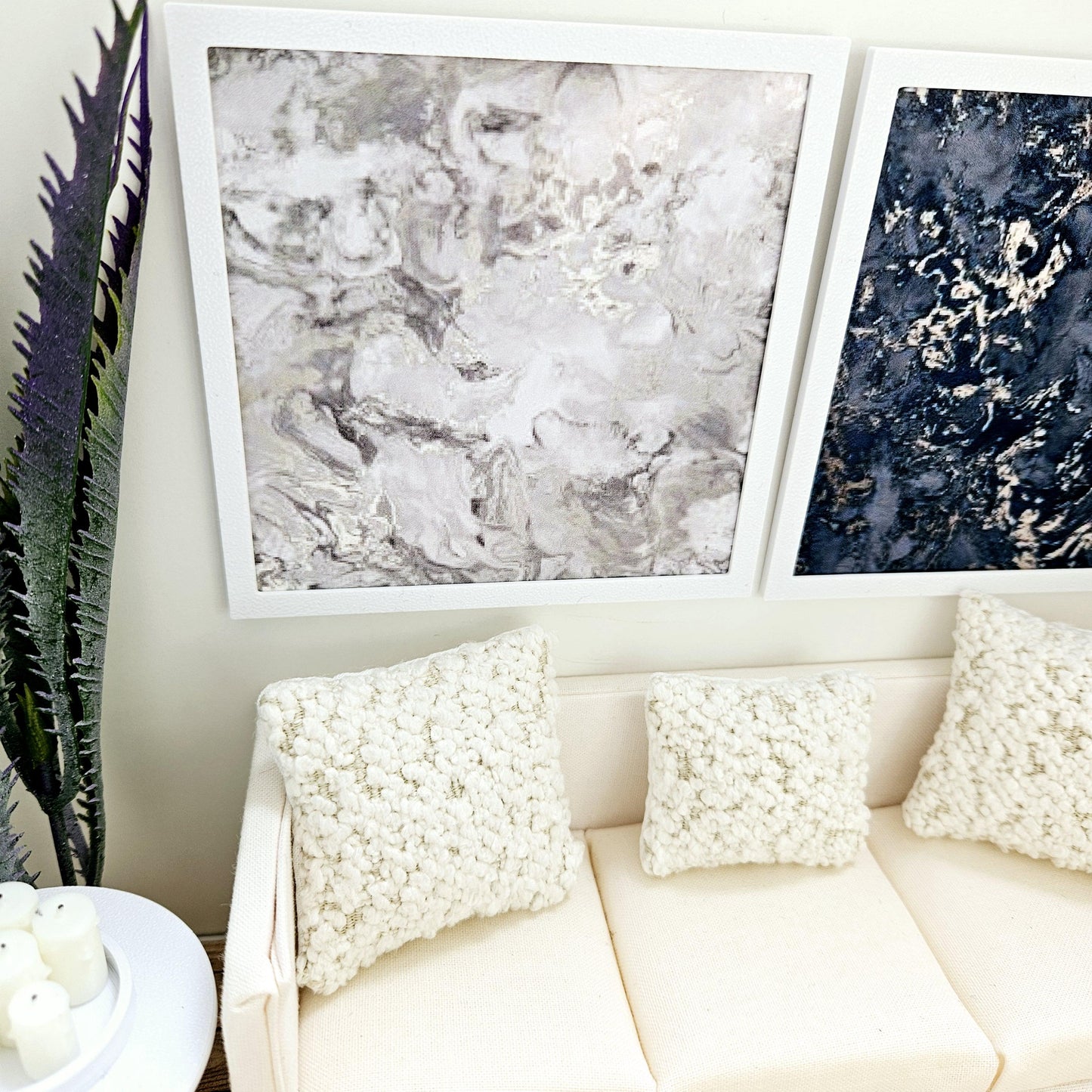Dolls House Modern Framed Wall Art, Set of 2, Large Abstract art pictures, 12th scale, miniature wall picture for any room