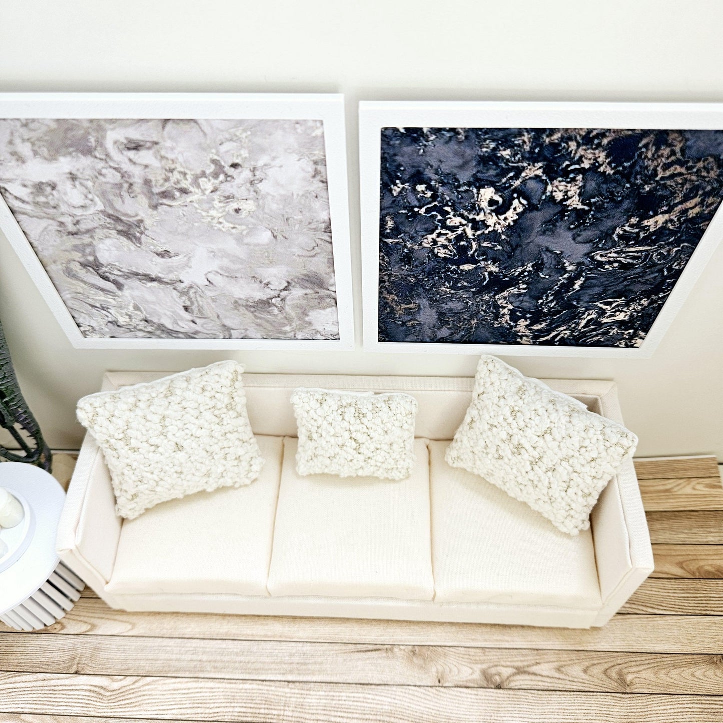 Dolls House Modern Framed Wall Art, Set of 2, Large Abstract art pictures, 12th scale, miniature wall picture for any room