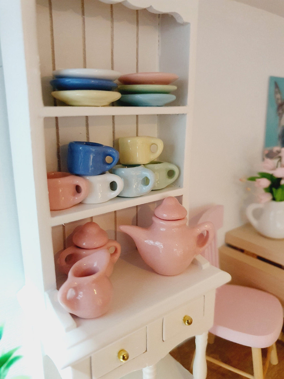 Dolls House Tea Set | 15-Piece Mixed Pastel Colours | 1:12 Scale