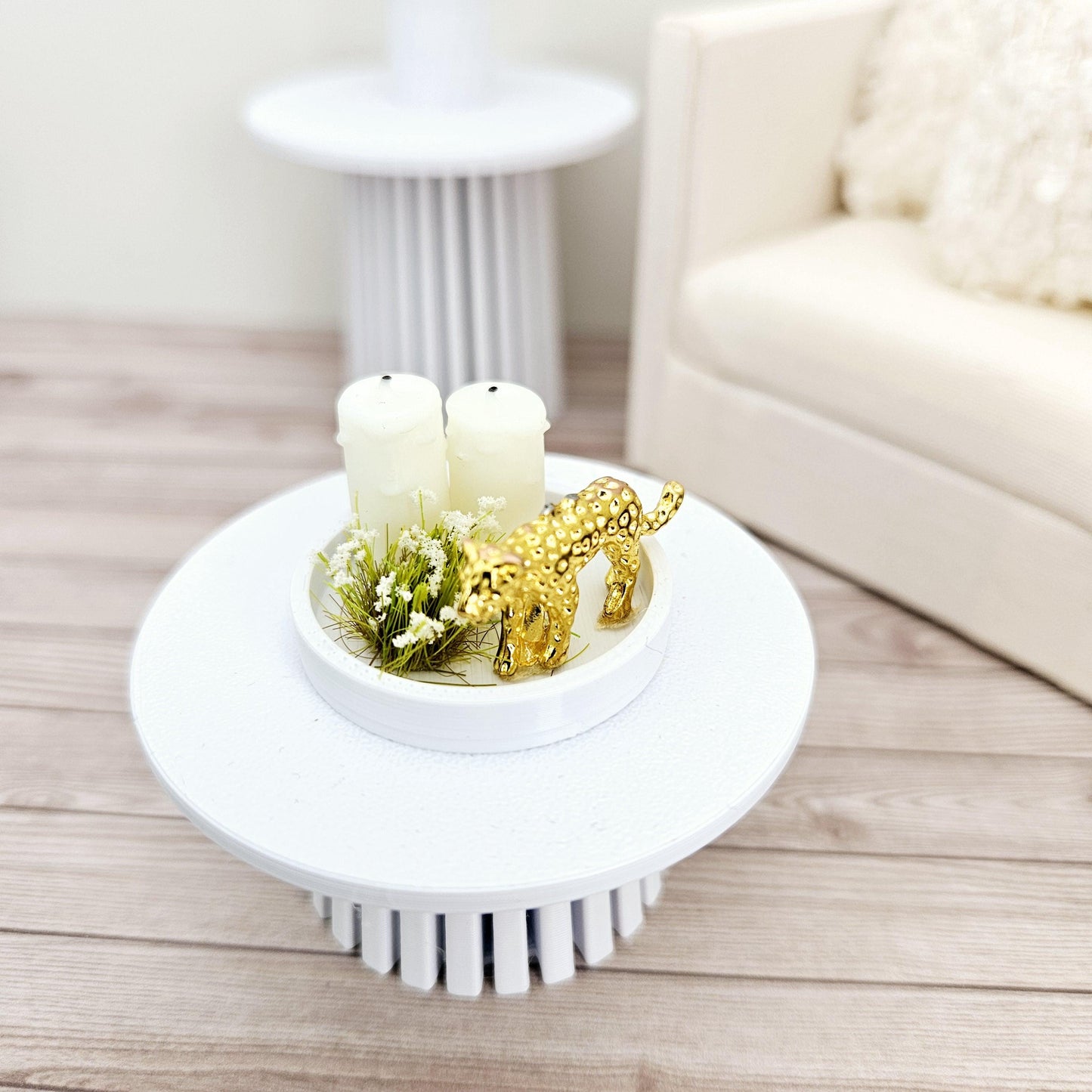 Dolls House Coloured tray ornament with 2x candles, white plant & a silver or gold leopard, 12th scale, miniature ornament