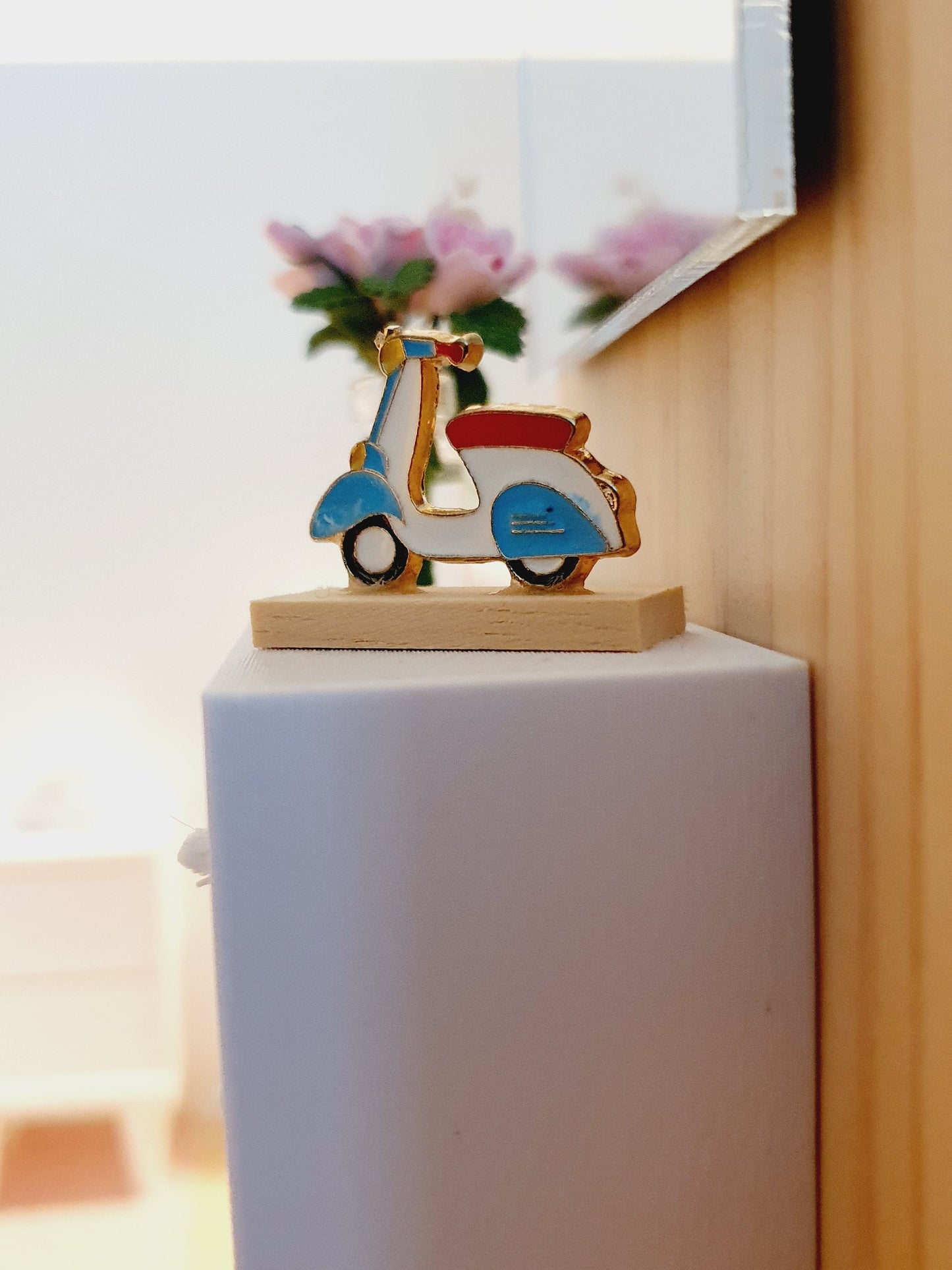Dolls House Scooter Ornament on a wooden stand, 1:12th Scale, Miniature Scooter