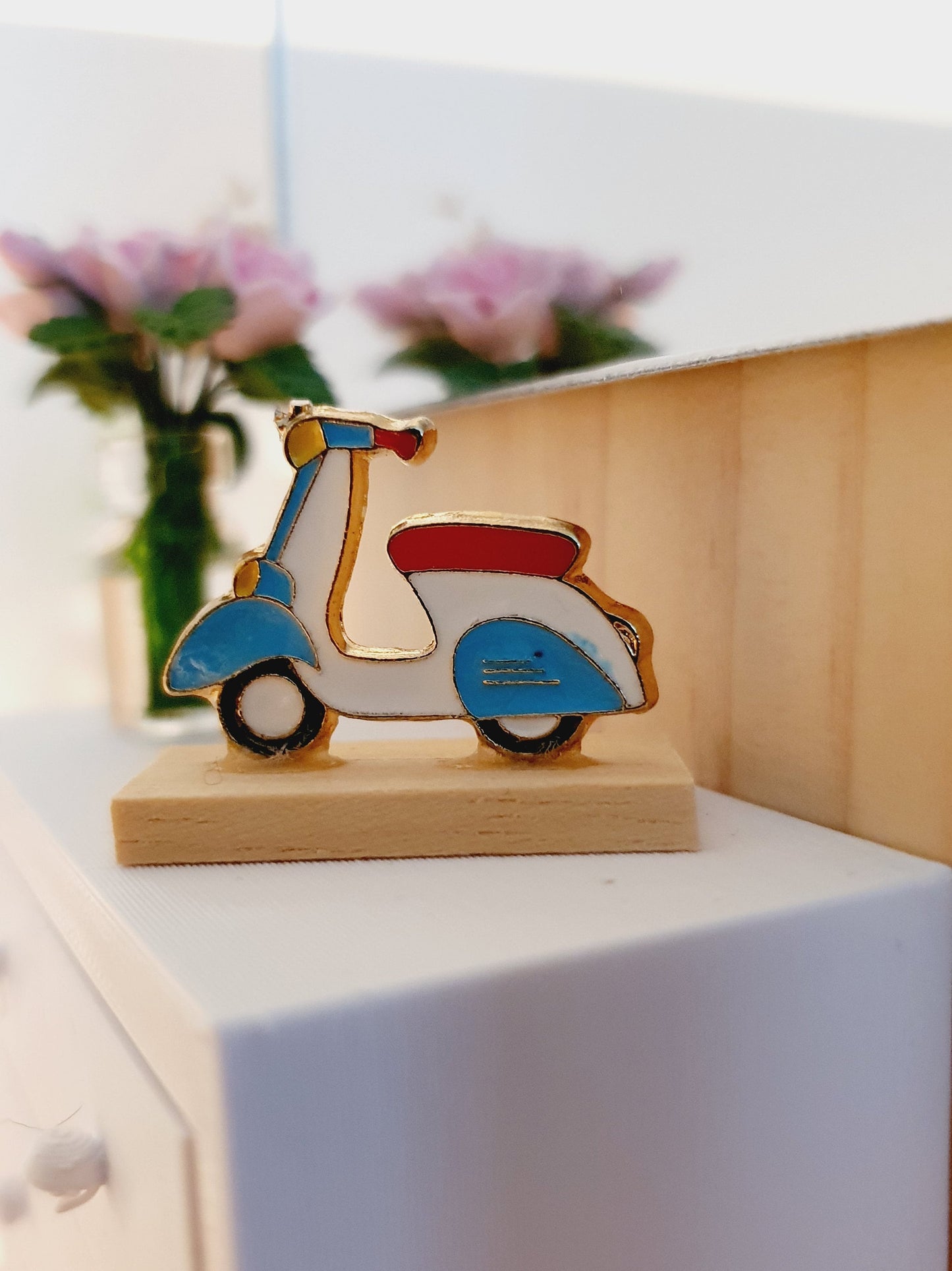 Dolls House Scooter Ornament on a wooden stand, 1:12th Scale, Miniature Scooter