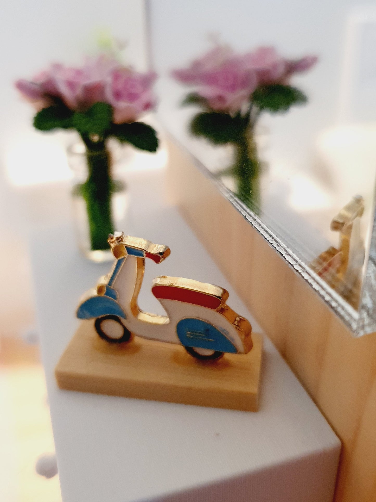 Dolls House Scooter Ornament on a wooden stand, 1:12th Scale, Miniature Scooter