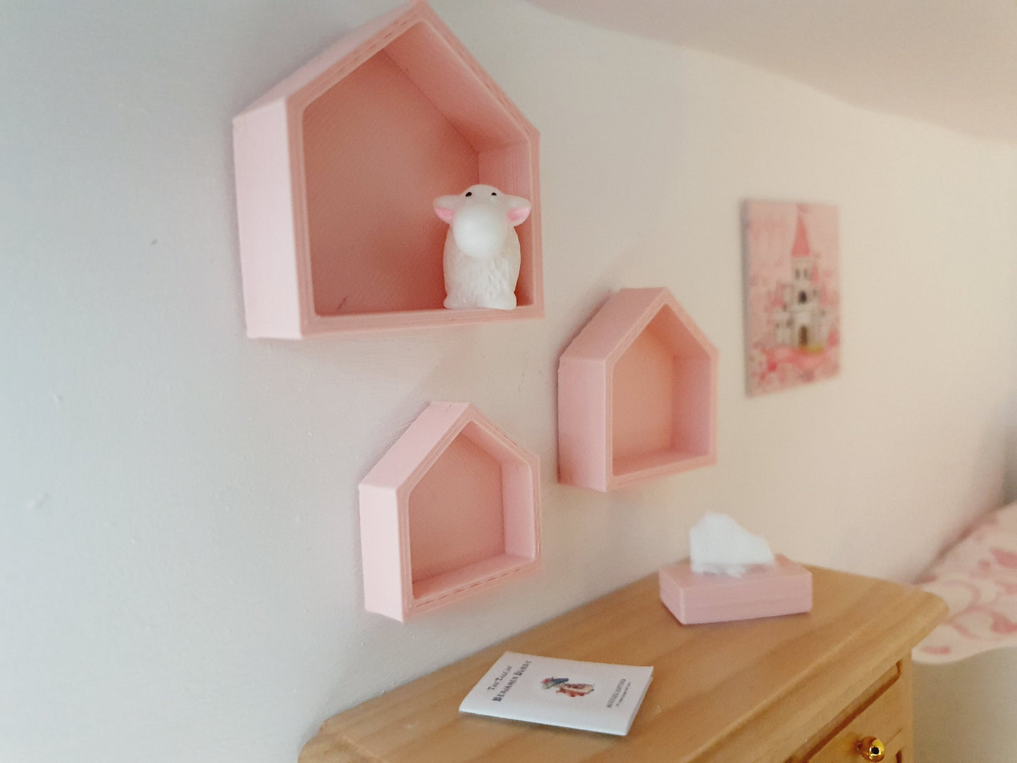 Dolls House House-Shaped Wall Shelves | Set of 3 with Toy Lamb | 1:12 Scale Miniature Nursery Décor