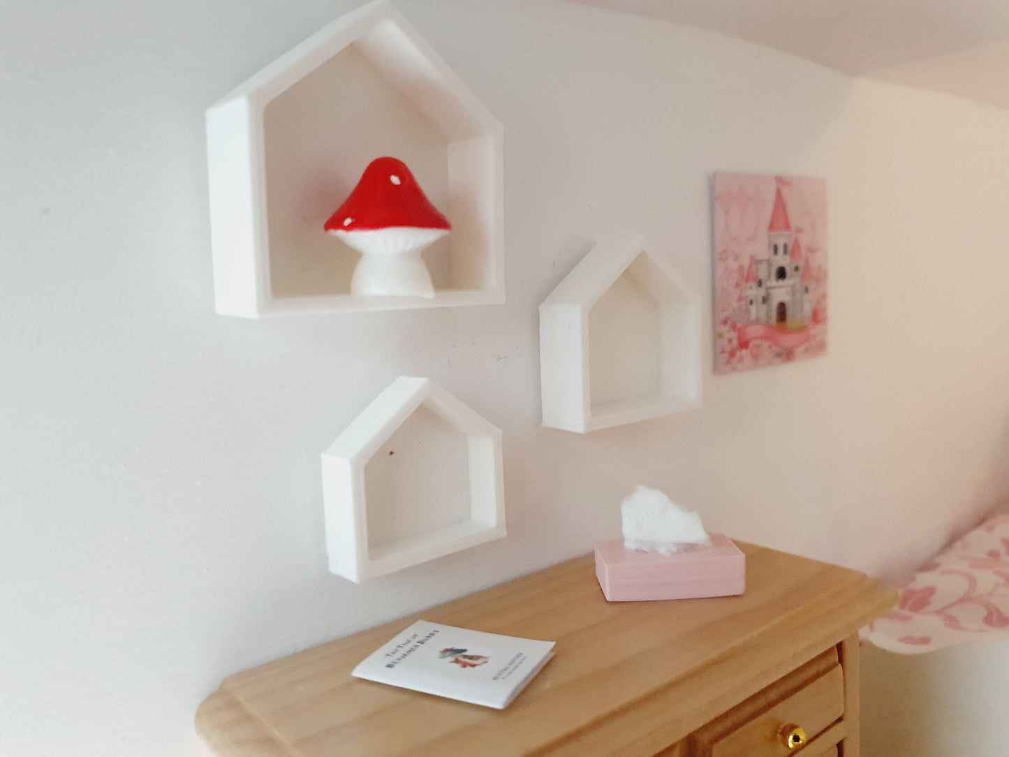 Dolls House House-Shaped Wall Shelves | Set of 3 with Toy Lamb | 1:12 Scale Miniature Nursery Décor