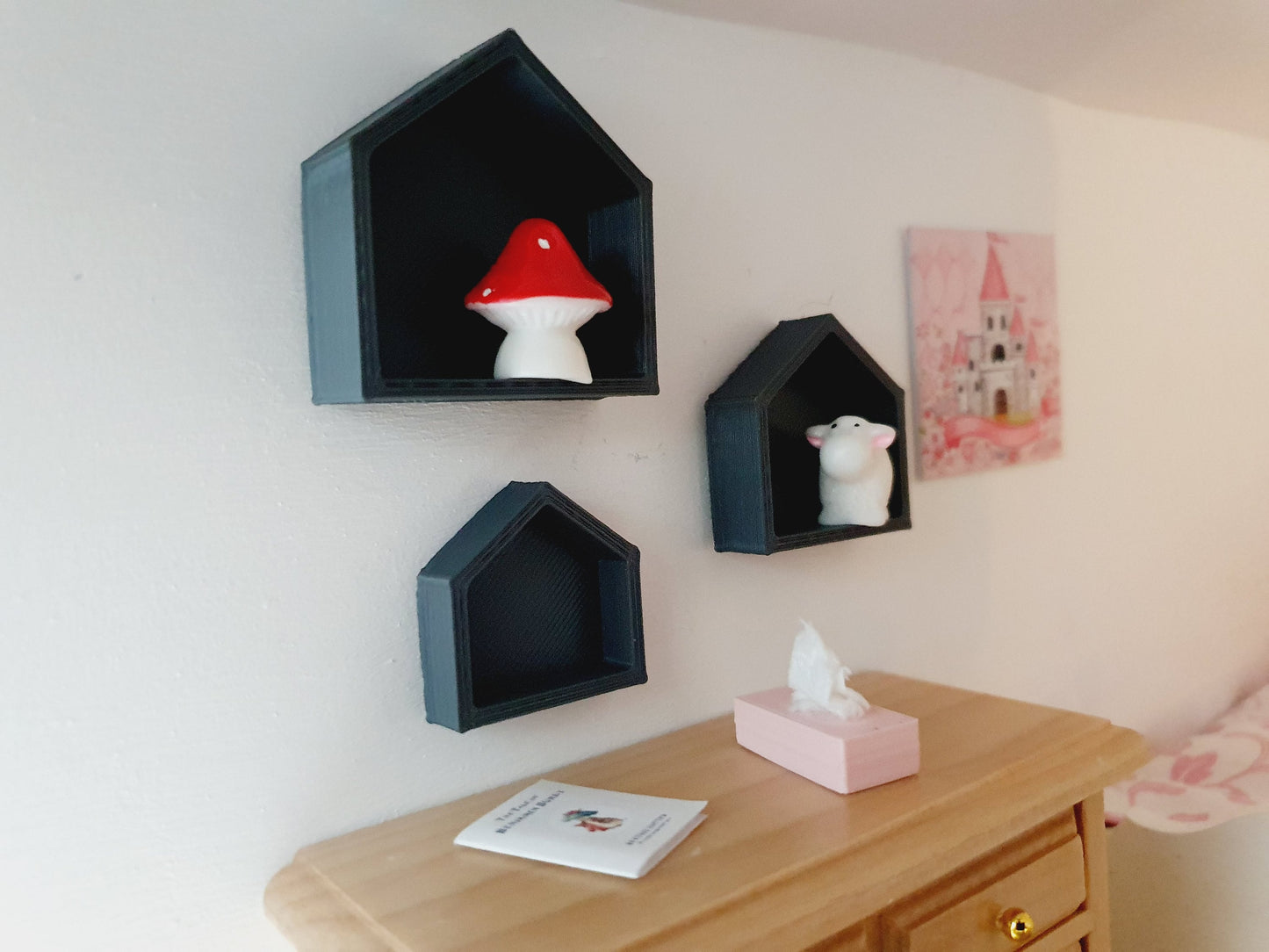 Dolls House House-Shaped Wall Shelves | Set of 3 with Toy Lamb | 1:12 Scale Miniature Nursery Décor