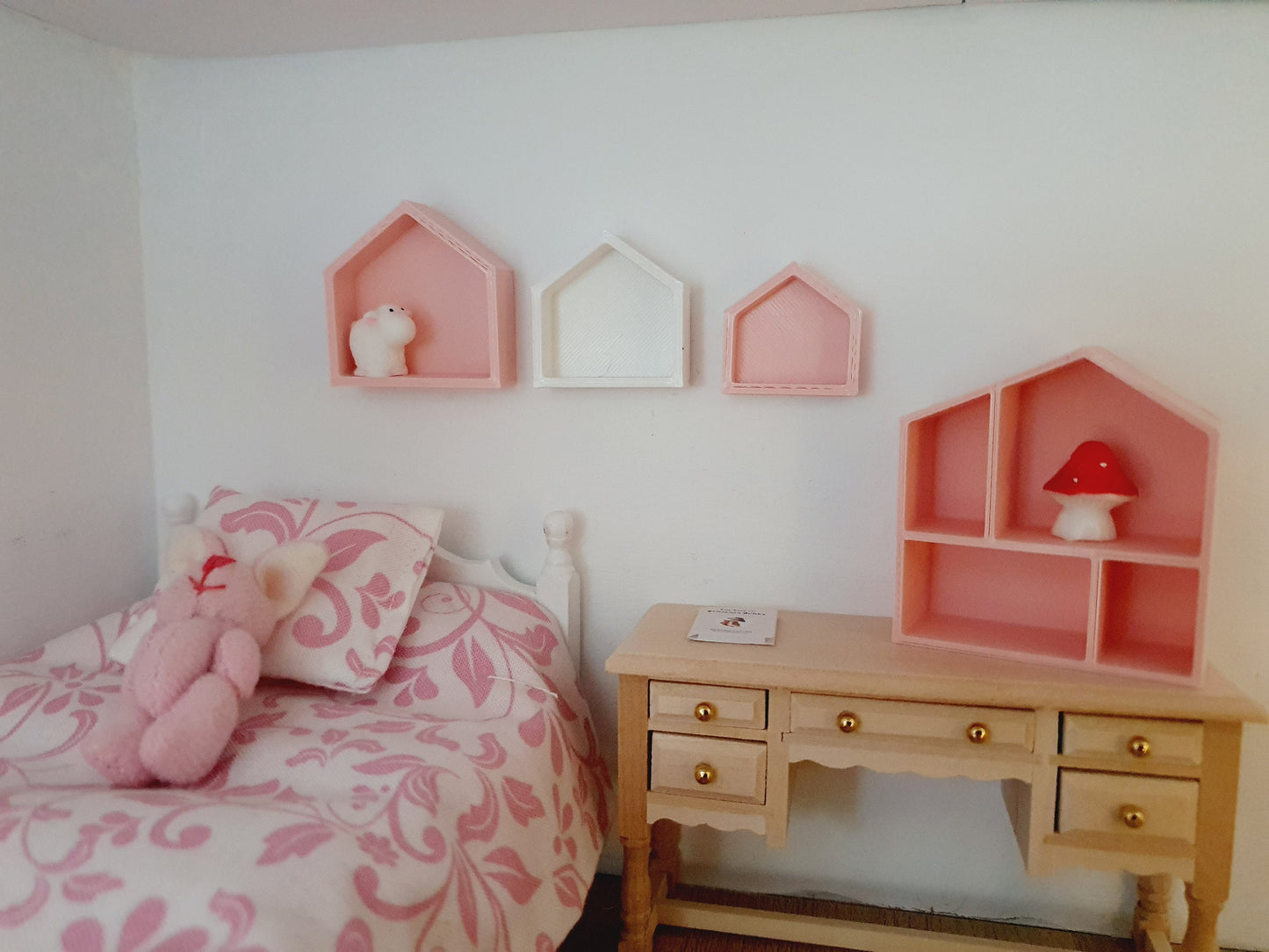 Dolls House House-Shaped Wall Shelves | Set of 3 with Toy Lamb | 1:12 Scale Miniature Nursery Décor