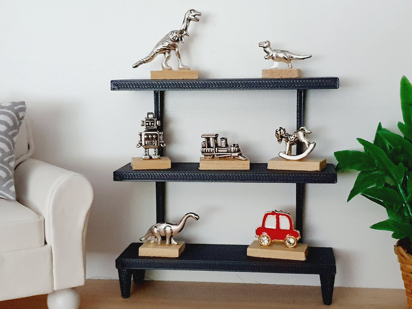 Dolls House Small Dinosaur Ornament on a wooden stand, 1:12th Scale, Miniature dino on a stand