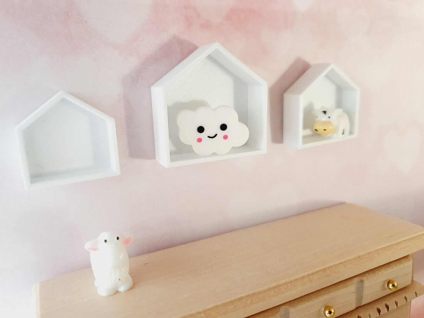 Dolls House House-Shaped Wall Shelves | Set of 3 with Toy Lamb | 1:12 Scale Miniature Nursery Décor