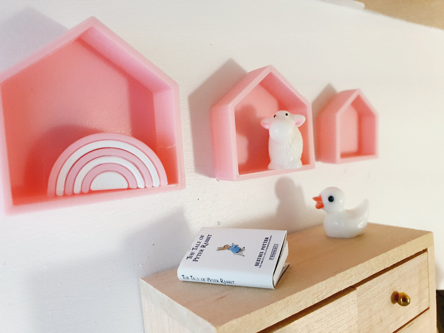 Dolls House House-Shaped Wall Shelves | Set of 3 with Toy Lamb | 1:12 Scale Miniature Nursery Décor