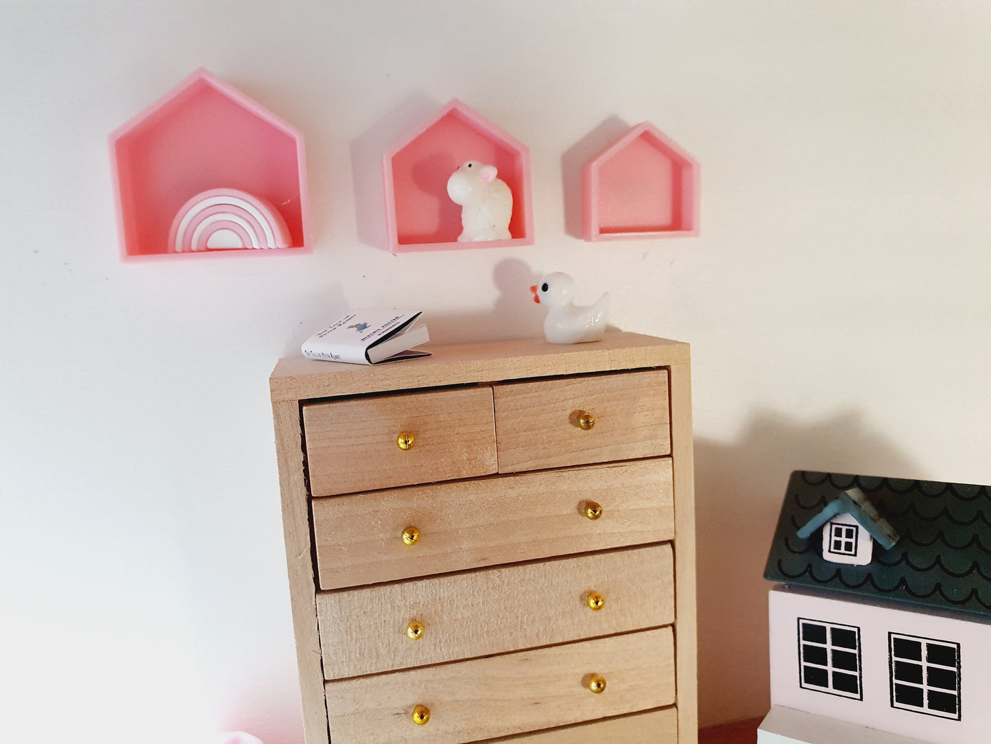 Dolls House House-Shaped Wall Shelves | Set of 3 with Toy Lamb | 1:12 Scale Miniature Nursery Décor