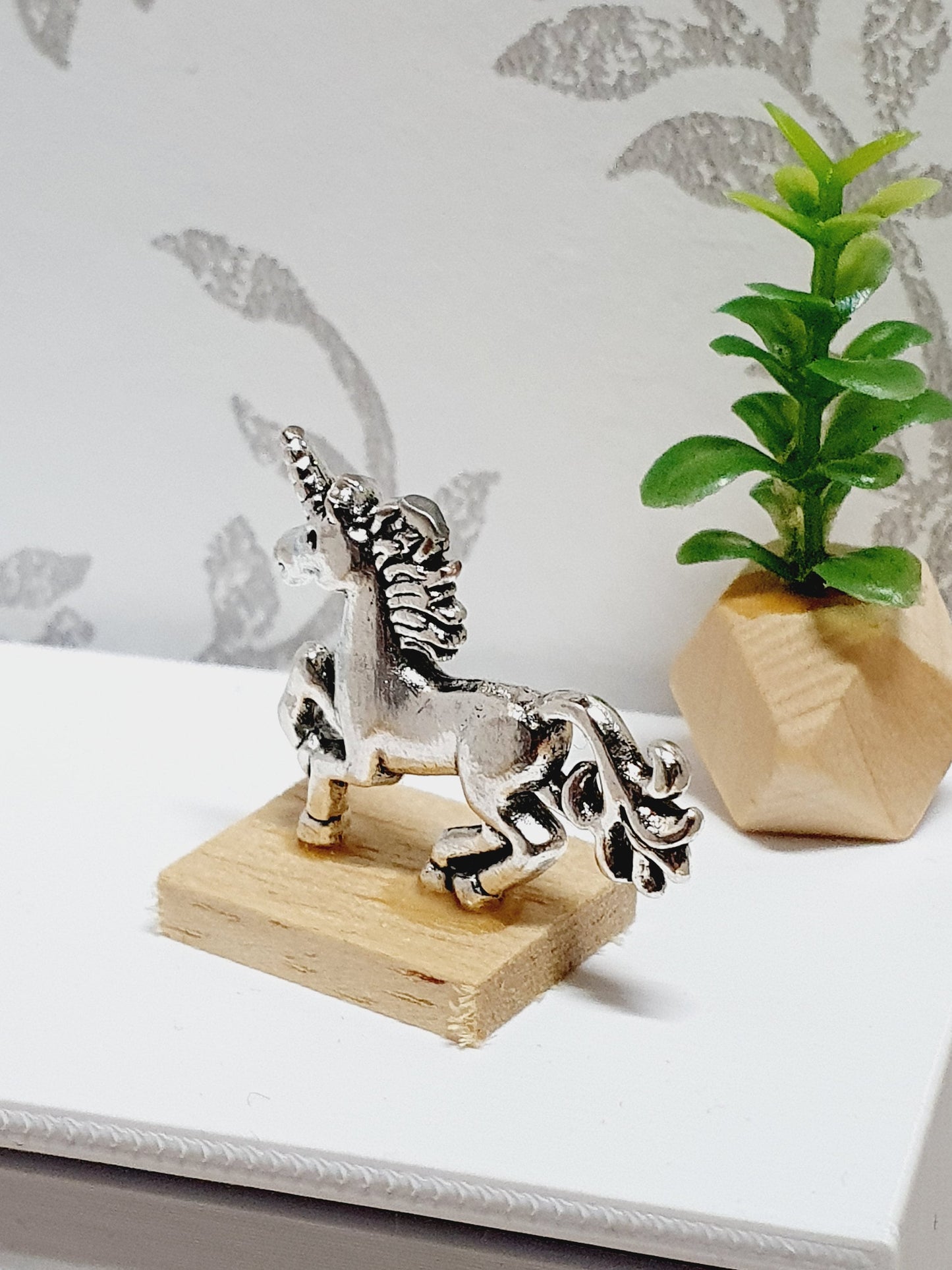 Dolls House Small Unicorn Ornament on a wooden stand, 1:12th Scale, Miniature on a stand
