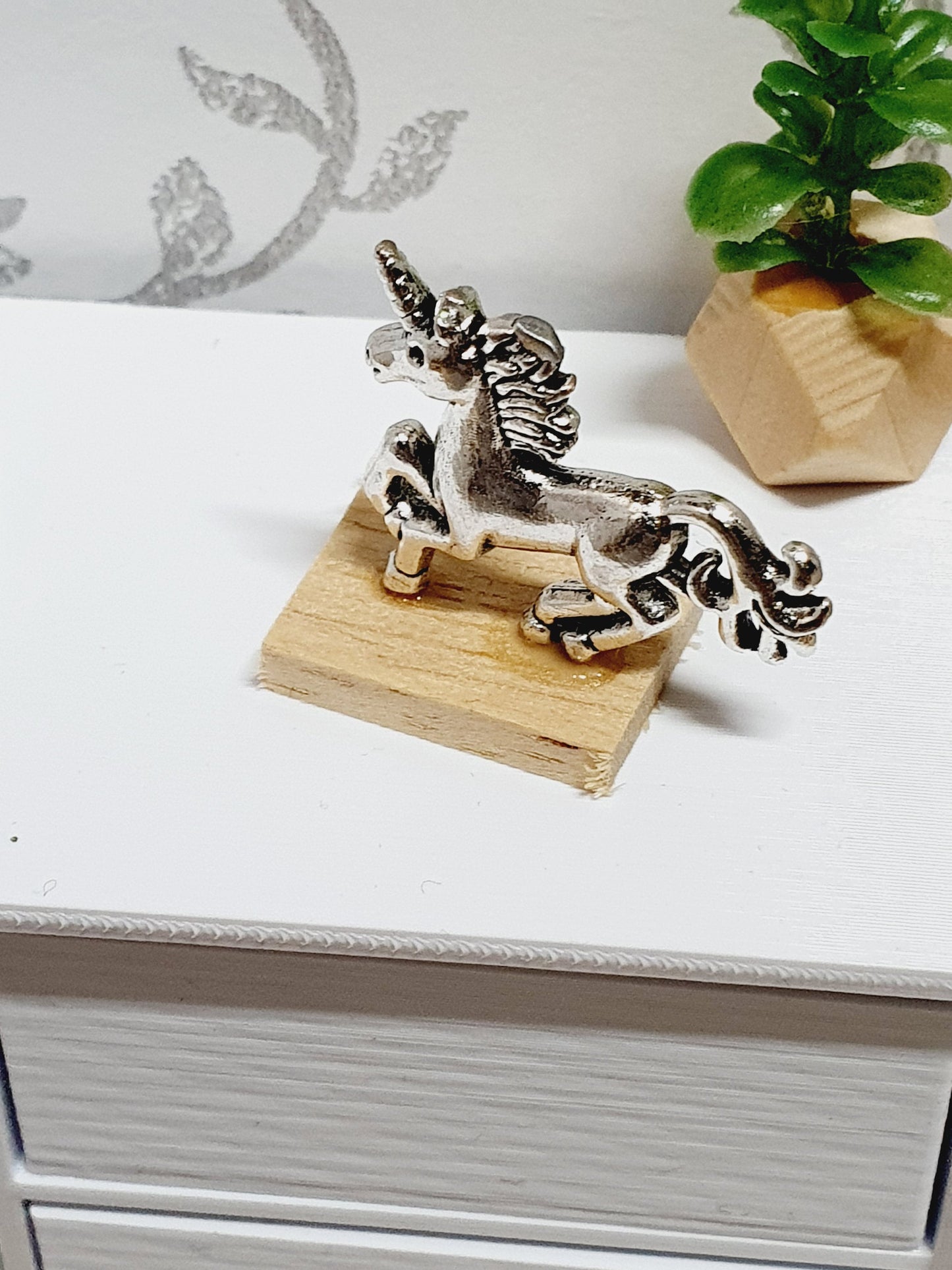 Dolls House Small Unicorn Ornament on a wooden stand, 1:12th Scale, Miniature on a stand