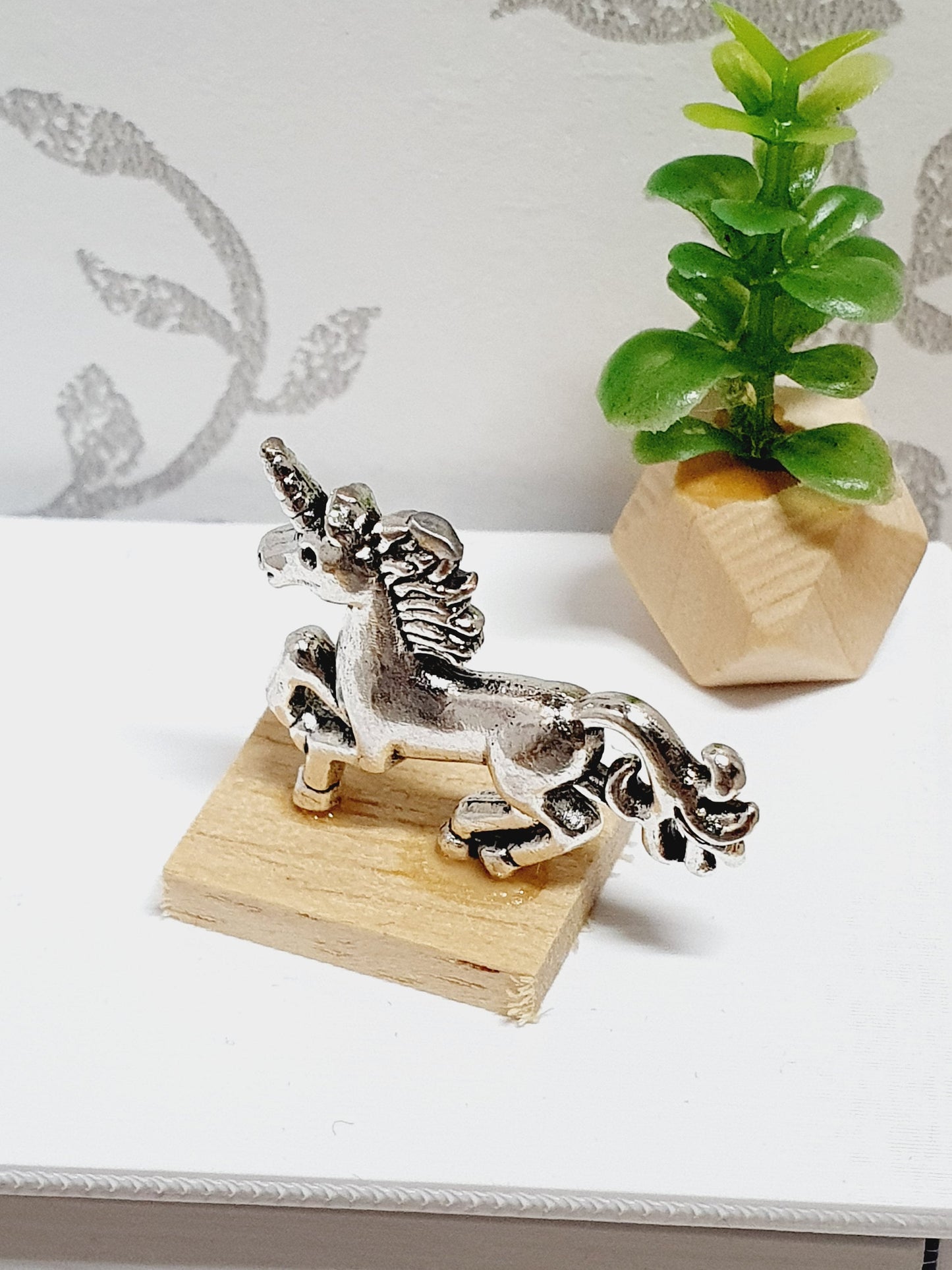 Dolls House Small Unicorn Ornament on a wooden stand, 1:12th Scale, Miniature on a stand
