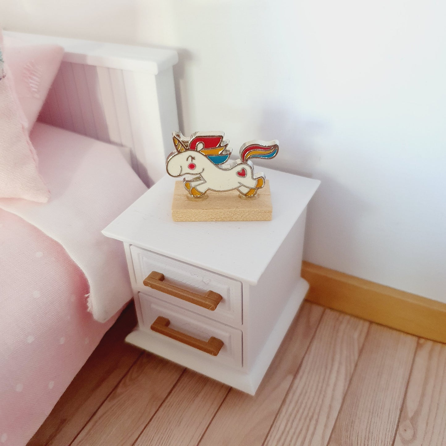 Dolls House Small Colourful Unicorn Ornament on a wooden stand, 1:12th Scale, Miniature unicorn on a stand