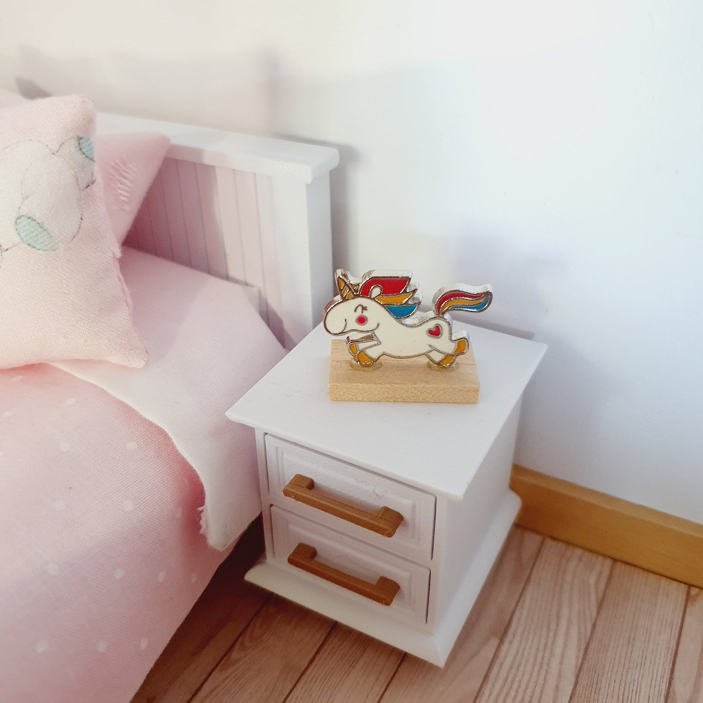Dolls House Small Colourful Unicorn Ornament on a wooden stand, 1:12th Scale, Miniature unicorn on a stand