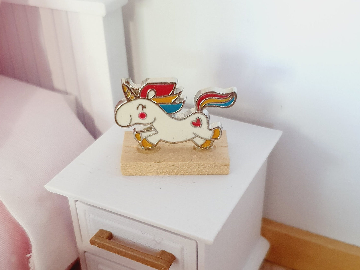 Dolls House Small Colourful Unicorn Ornament on a wooden stand, 1:12th Scale, Miniature unicorn on a stand