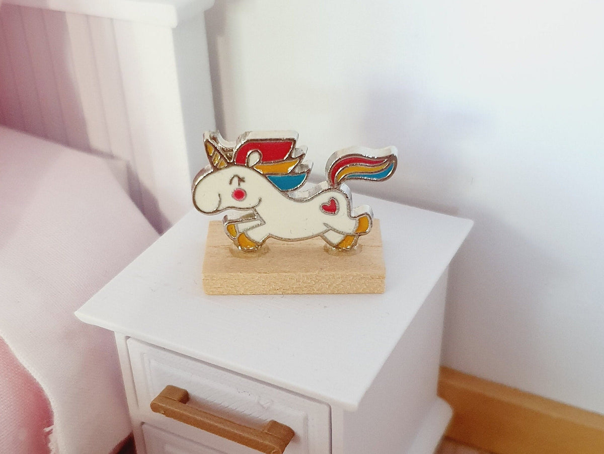 Dolls House Small Colourful Unicorn Ornament on a wooden stand, 1:12th Scale, Miniature unicorn on a stand