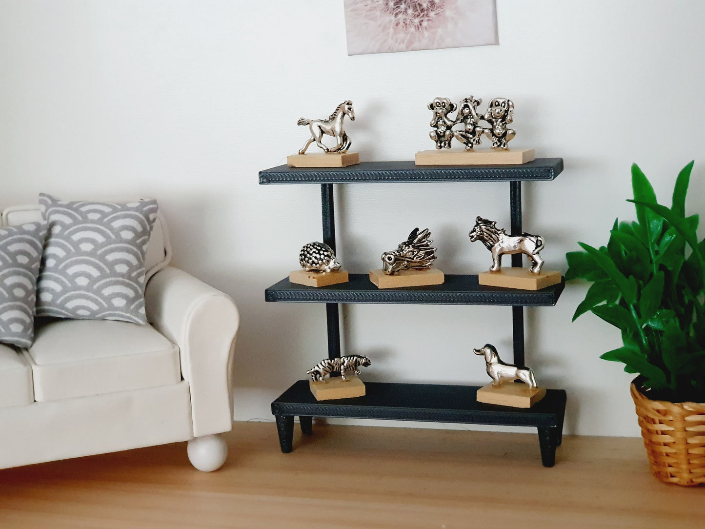 Dolls House Small Lion Ornament on a wooden stand, 1:12th Scale, Miniature Lion on a stand