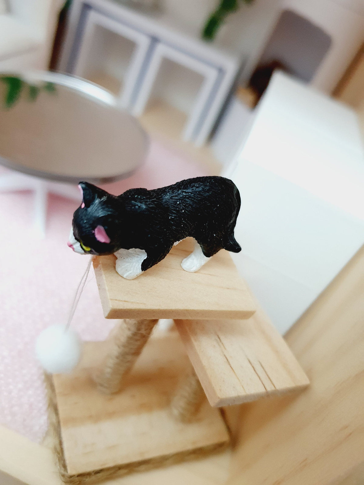 Dolls House Cat Stand and Scratching Post with Toy Hanging White Pom Pom, 12th Scale, Miniature Cat Post