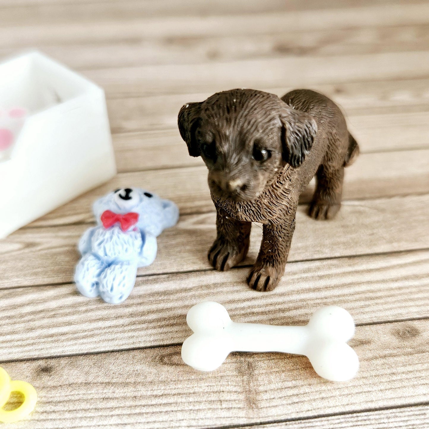 Dolls House Chocolate Puppy & Bone White Toy Box, 12th Scale toy box, miniature dog