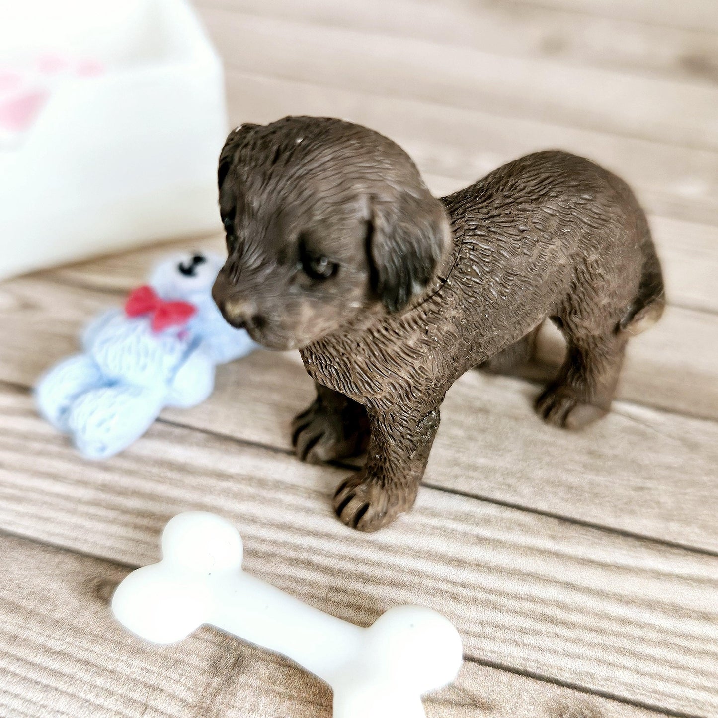 Dolls House Chocolate Puppy & Bone White Toy Box, 12th Scale toy box, miniature dog
