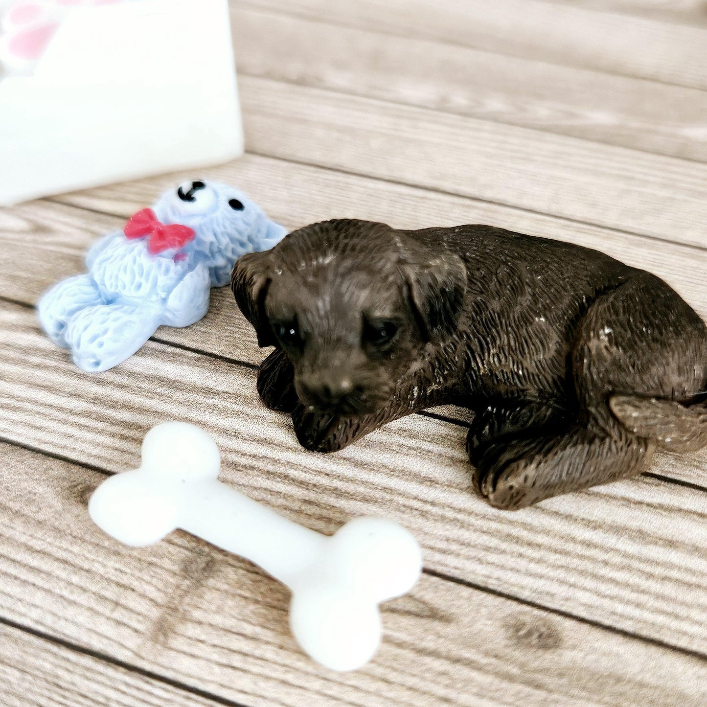 Dolls House Chocolate Puppy & Bone White Toy Box, 12th Scale toy box, miniature dog