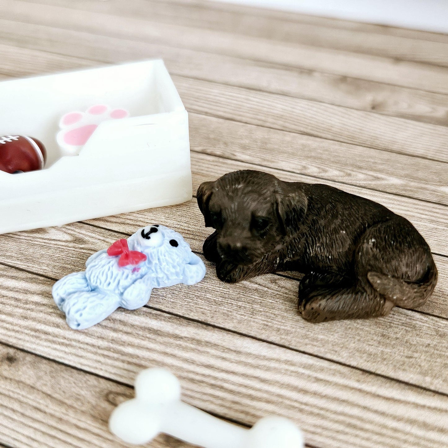 Dolls House Chocolate Puppy & Bone White Toy Box, 12th Scale toy box, miniature dog