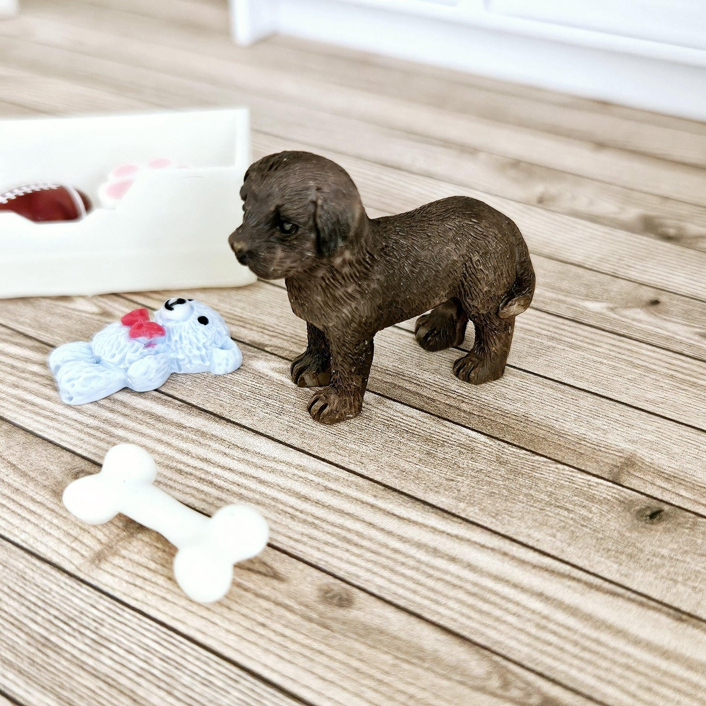 Dolls House Chocolate Puppy & Bone White Toy Box, 12th Scale toy box, miniature dog