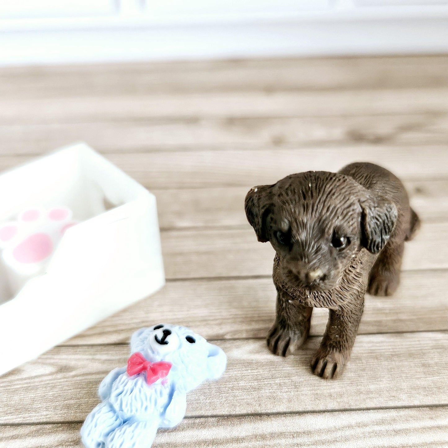 Dolls House Chocolate Puppy & Bone White Toy Box, 12th Scale toy box, miniature dog