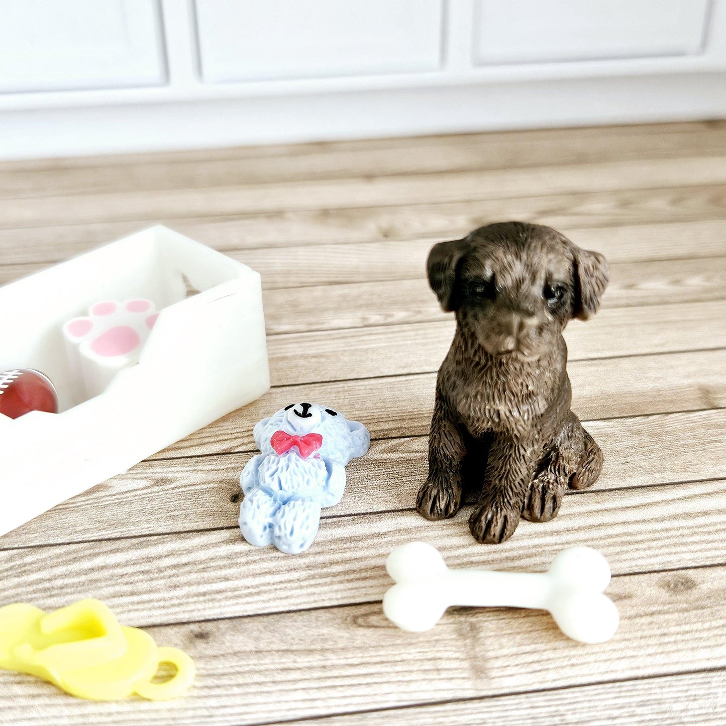 Dolls House Chocolate Puppy & Bone White Toy Box, 12th Scale toy box, miniature dog