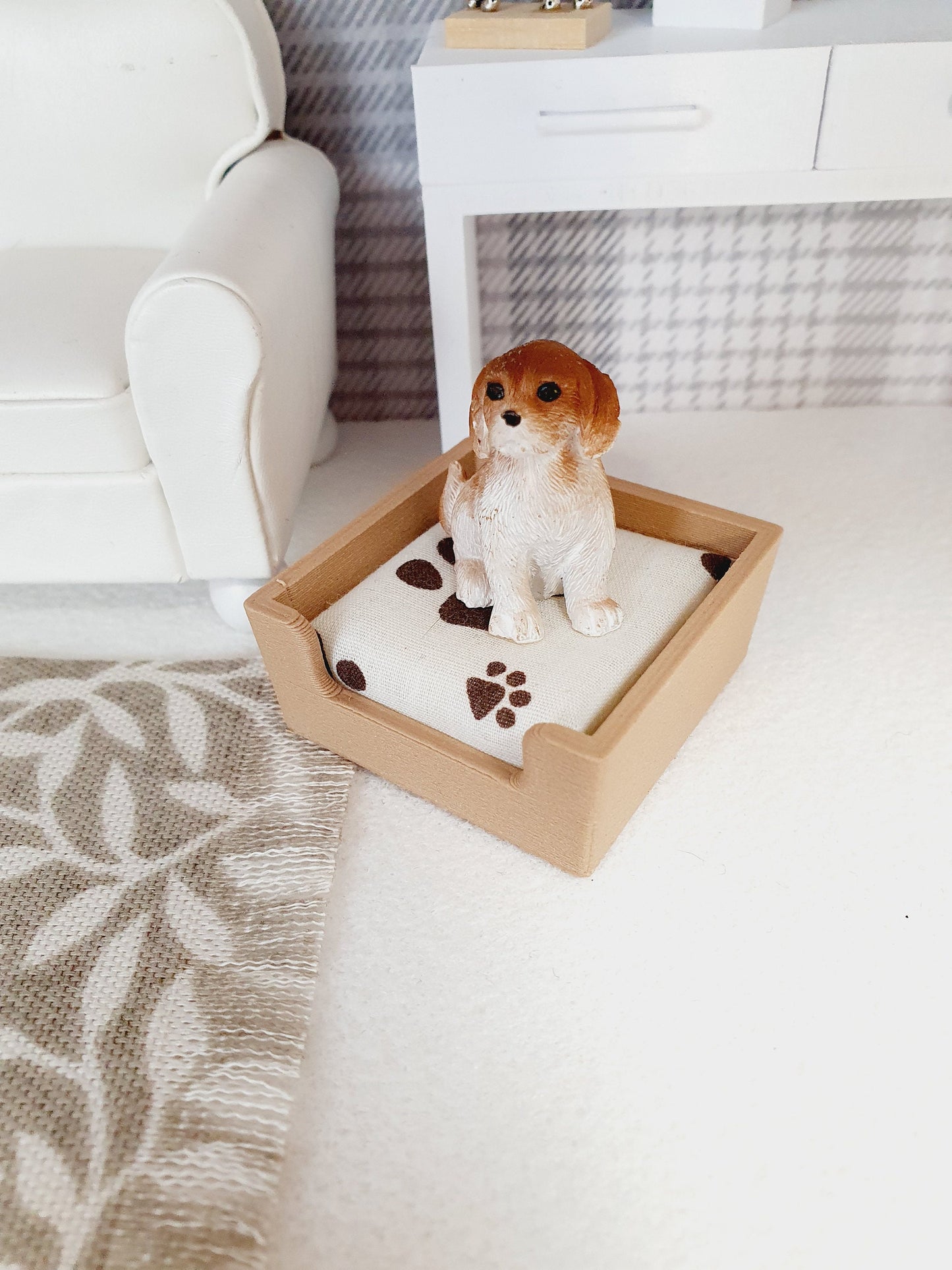 Dolls House Choice of Colours Dog Bed with Paw Print Pad, 12th Scale, Miniature Pet Bed