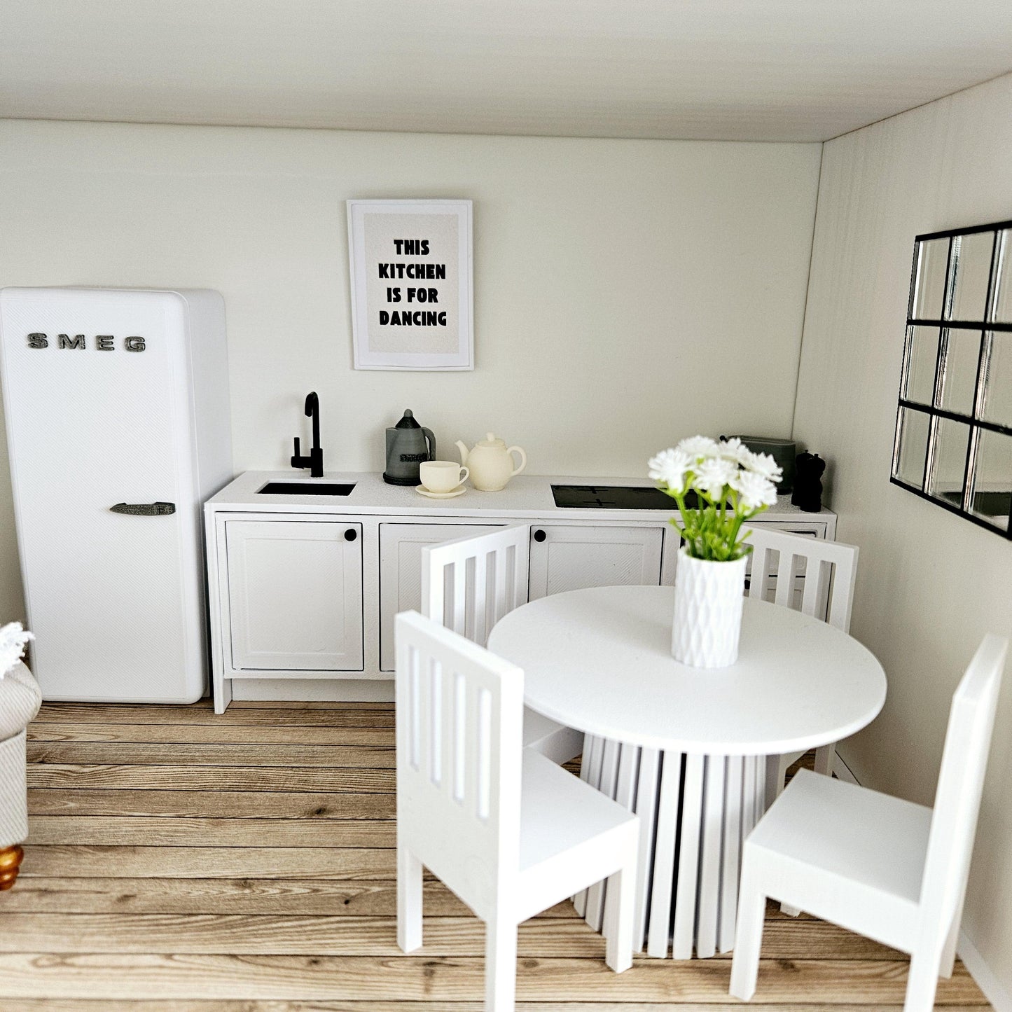 Dolls House Kitchen , Full Set with Smeg Fridge, Dining & Accessories, 1:12 Scale, Miniature Furniture