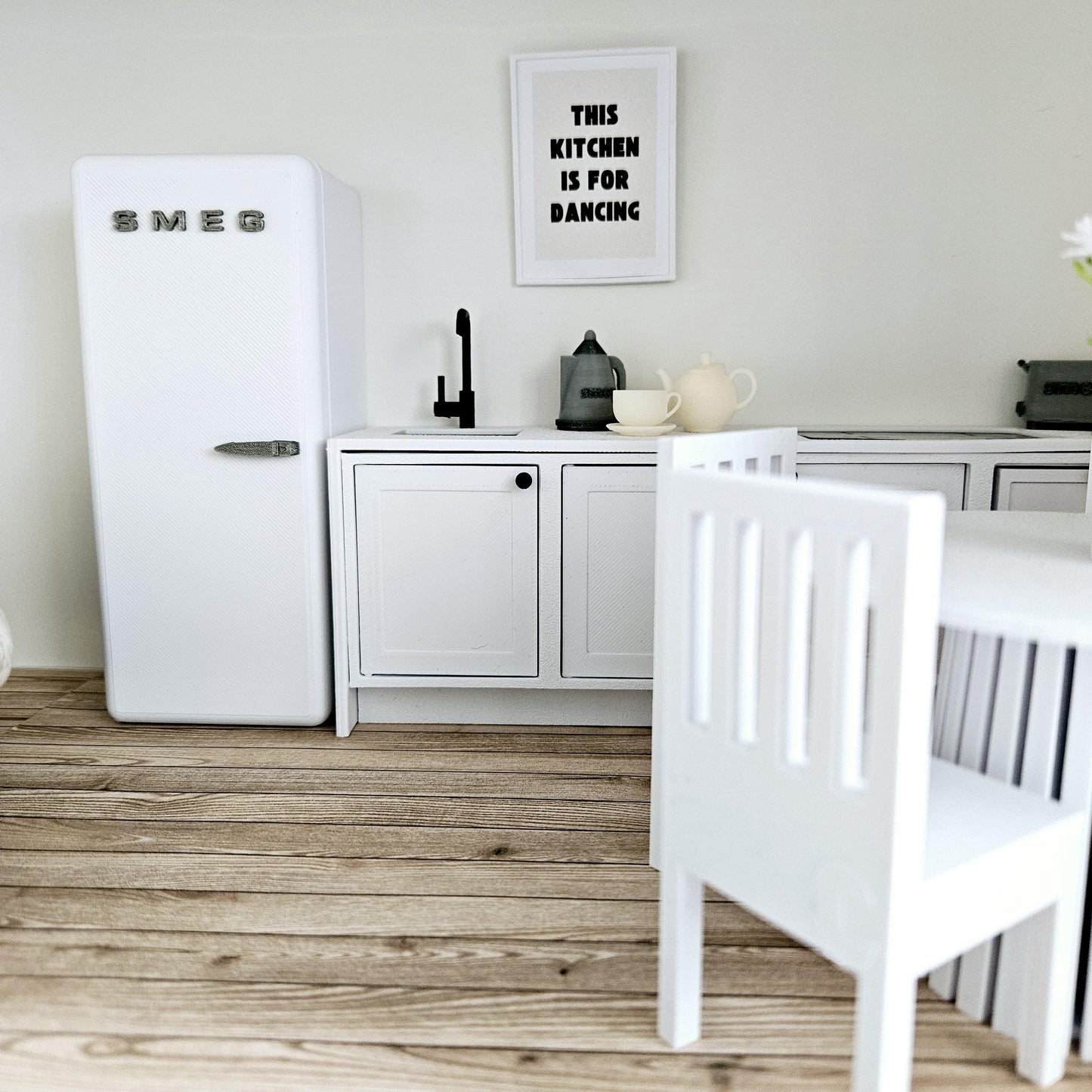 Dolls House Kitchen , Full Set with Smeg Fridge, Dining & Accessories, 1:12 Scale, Miniature Furniture