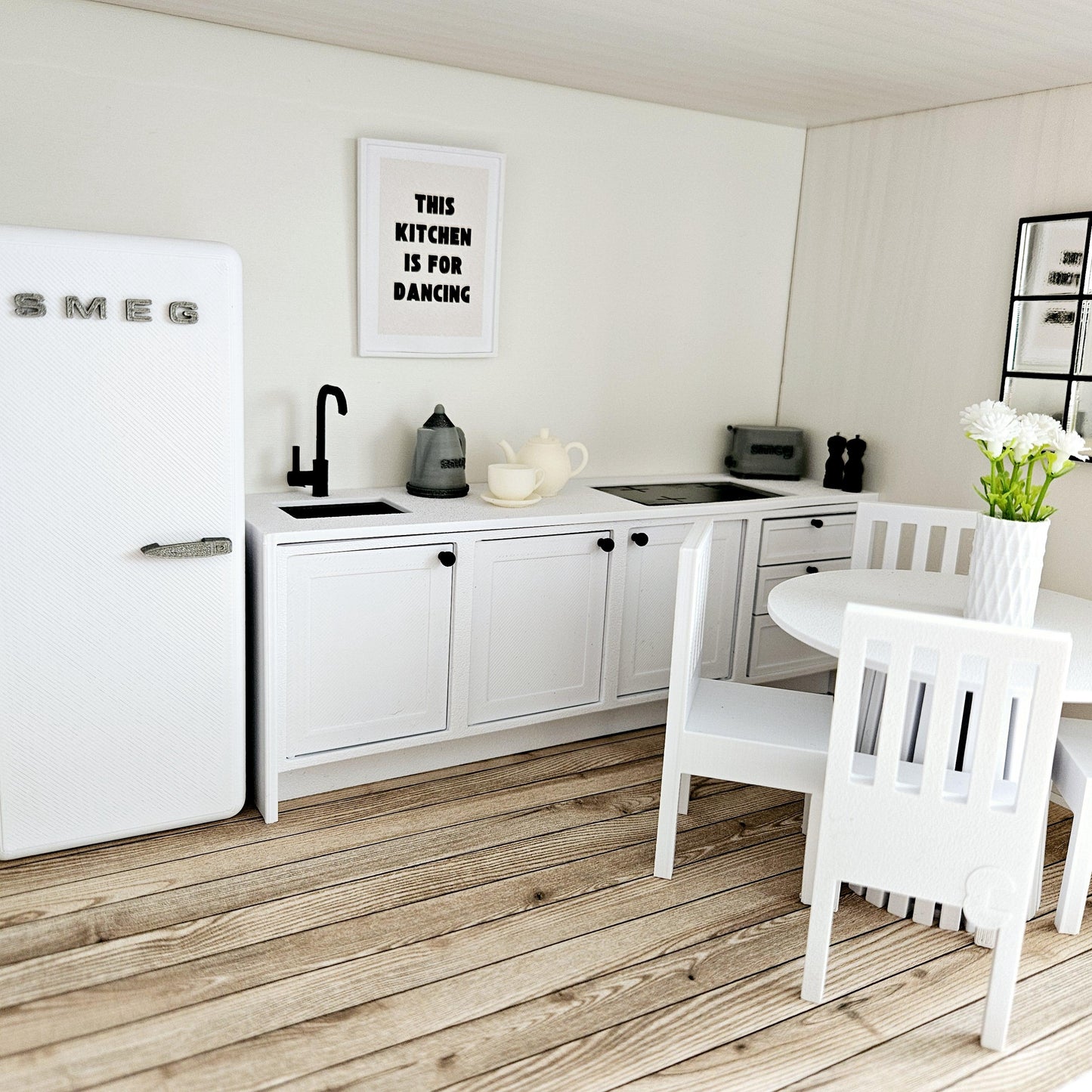 Dolls House Kitchen , Full Set with Smeg Fridge, Dining & Accessories, 1:12 Scale, Miniature Furniture