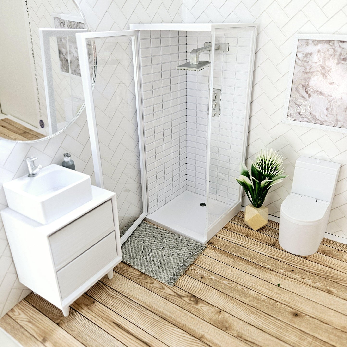 Dolls House Modern Shower Cubicle | Acrylic Door & Metro Tiles | 1:12 Scale Miniature
